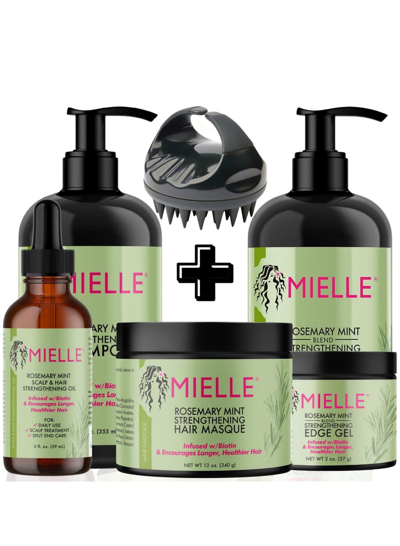 MIELLE Organics Rosemary Mint Strengthening Full Set - Shampoo, Conditioner, Hair Mask, Hair Edge Gel, Rosemary Hair Oil, And Scrubber - For Hair Growth - Infused With Biotin, Strengthens Weak Hair 1166ml  - Image 1