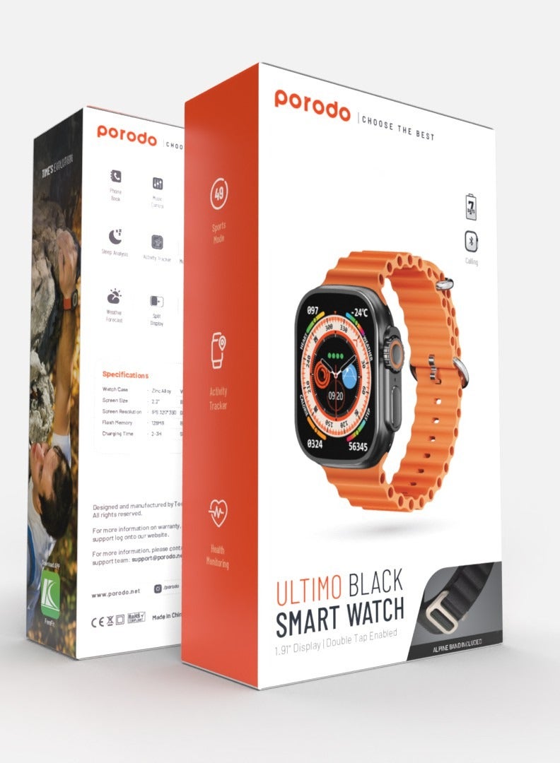 porodo - 300 mAh Smart Watch Ultra Ultimo Black W/ 1*Alpine Band And 1*Ocean Band Orange Strap Multi color - Image 1