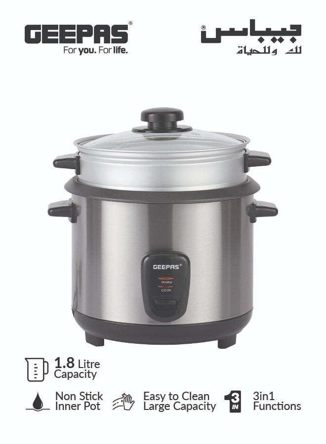 GEEPAS Multi-Function Rice Cooker With Removable Non-Stick Inner Pot And Cool-Touch Handle 1.8 L 700 W GRC35041 Silver/Black  - Image 1