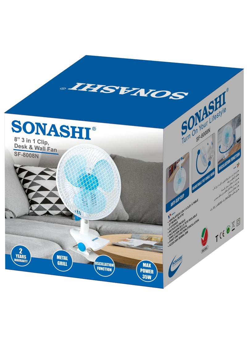 8 Inch 3-In-1 Clip, Desk And Wall Fan 35W SF-8008N Blue/White