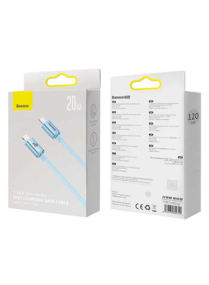 بيسوس كابل بيانات الشحن السريع من Baseus Crystal Shine Series من النوع C إلى iP بقوة 20 وات بطول 2 متر، أزرق سماوي - Image 1