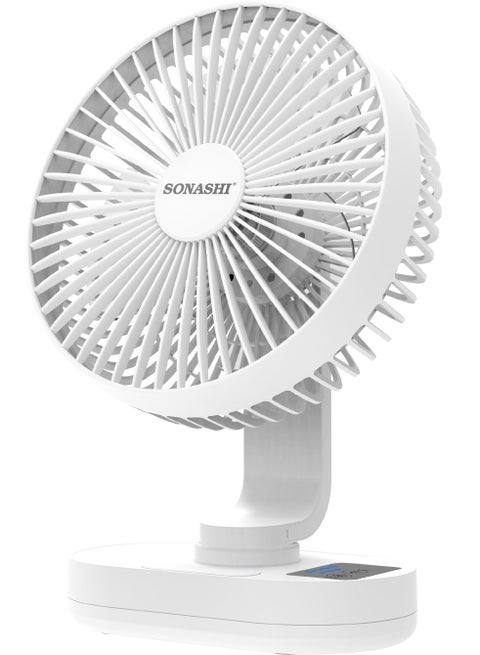 8 Inch Rechargeable Table Fan With Led Light - 3 Speeds High/Medium/Low | Continuous Working Of 2 Hours(High), 4.5 Hours(Mid) & 9 Hours(Low) | Strong Wind Function SRF-804 White
