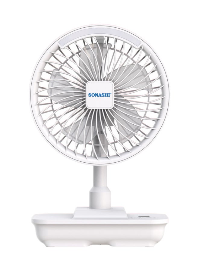 SONASHI 8-Inch White Rechargeable Fan with 19 Bright LED Lights | 3-Speed Function | Tilting Head and Inbuilt Charger | 5V 4000mAh Lithium Battery with Up to 5 Hours Working Time | SRF-804N White SRF-804 White - Image 1