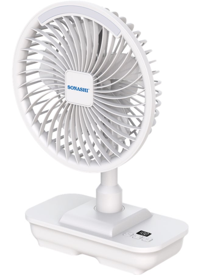 SONASHI 8-Inch White Rechargeable Fan with 19 Bright LED Lights | 3-Speed Function | Tilting Head and Inbuilt Charger | 5V 4000mAh Lithium Battery with Up to 5 Hours Working Time | SRF-804N White SRF-804 White - Image 2