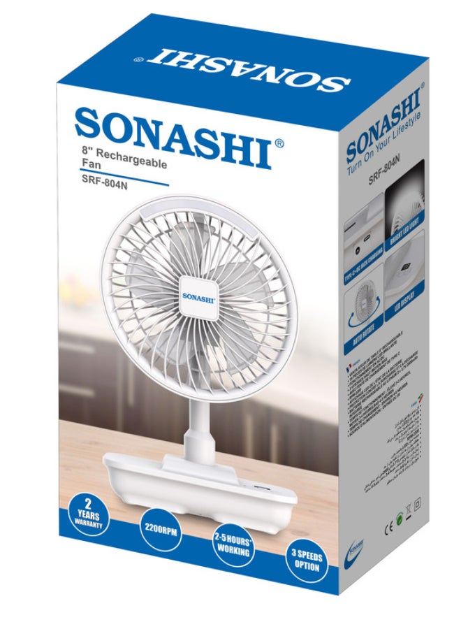 SONASHI 8-Inch White Rechargeable Fan with 19 Bright LED Lights | 3-Speed Function | Tilting Head and Inbuilt Charger | 5V 4000mAh Lithium Battery with Up to 5 Hours Working Time | SRF-804N White SRF-804 White - Image 5