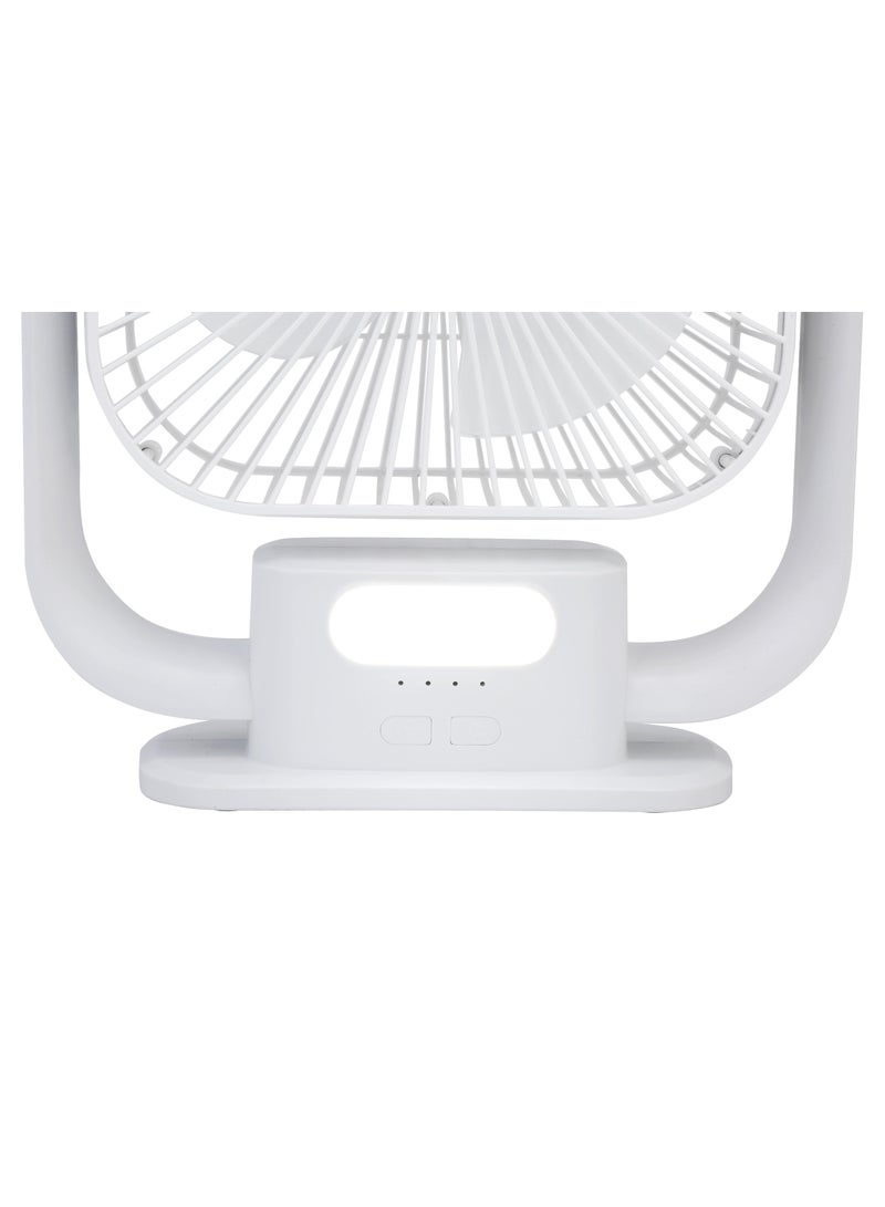 8 Inch Rechargeable Table Fan With Led Light - 3 Speeds High/Medium/Low | Continuous Working Of 2 Hours(High), 4.5 Hours(Mid) & 9 Hours(Low) | Strong Wind Function SRF-803 White