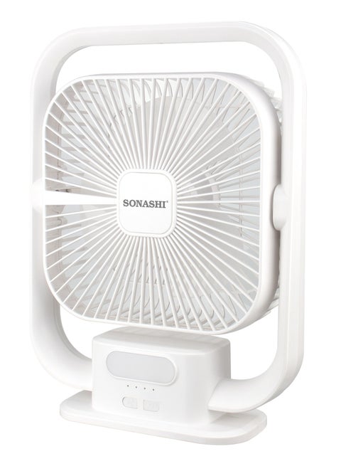 8 Inch Rechargeable Table Fan With Led Light - 3 Speeds High/Medium/Low | Continuous Working Of 2 Hours(High), 4.5 Hours(Mid) & 9 Hours(Low) | Strong Wind Function SRF-803 White