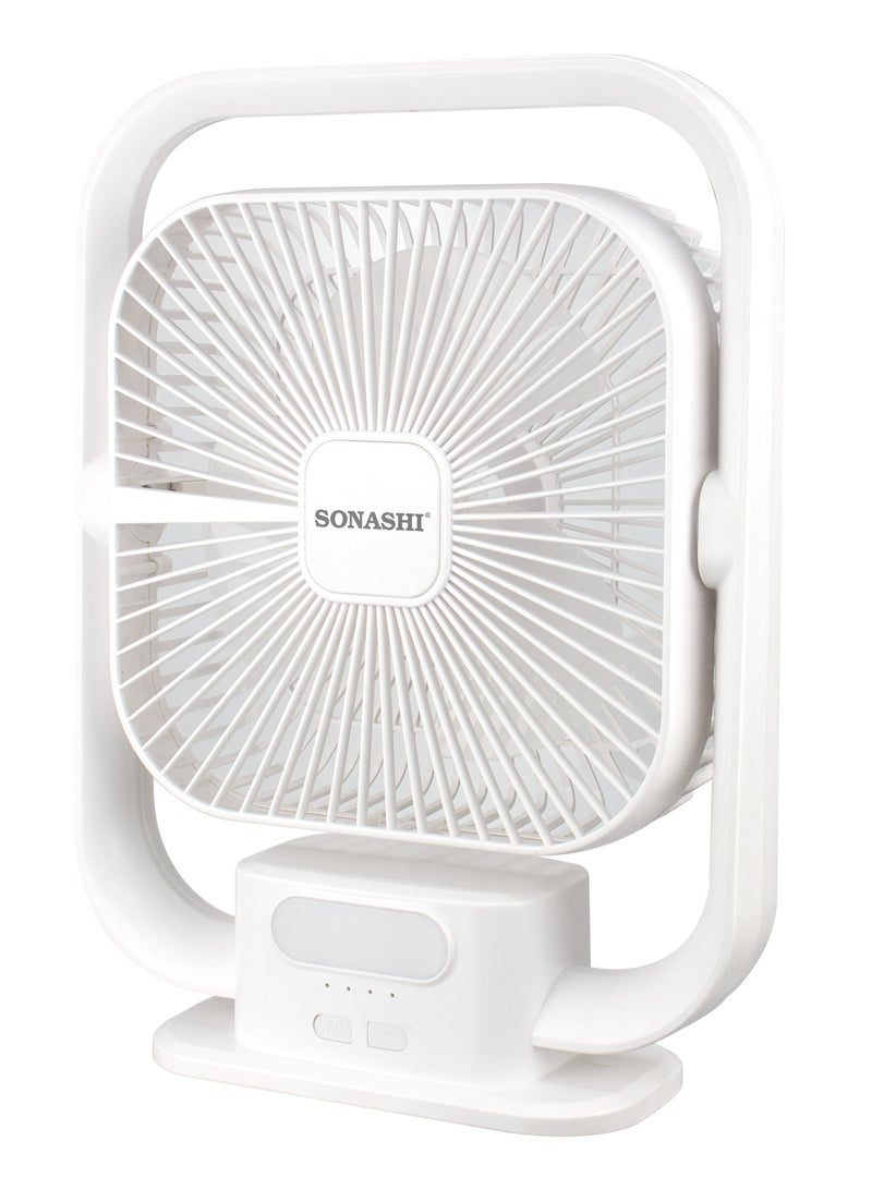 SONASHI 8 Inch Rechargeable Table Fan With Led Light - 3 Speeds High/Medium/Low | Continuous Working Of 2 Hours(High), 4.5 Hours(Mid) & 9 Hours(Low) | Strong Wind Function SRF-803 White  - Image 1