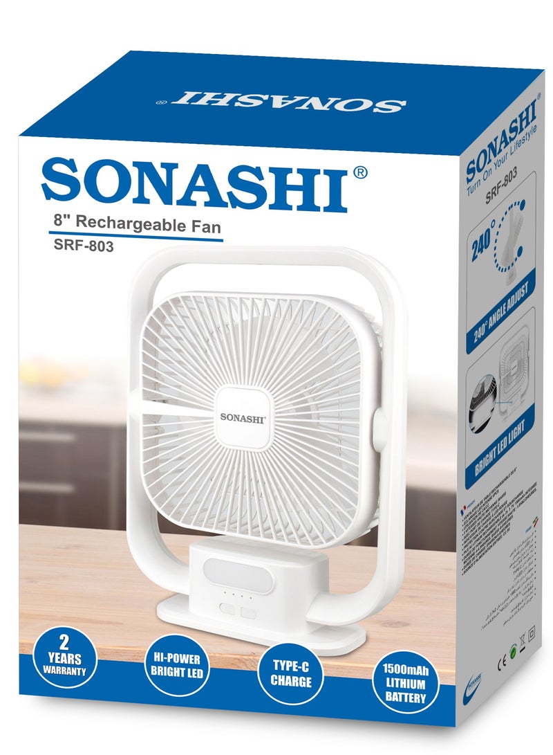 8 Inch Rechargeable Table Fan With Led Light - 3 Speeds High/Medium/Low | Continuous Working Of 2 Hours(High), 4.5 Hours(Mid) & 9 Hours(Low) | Strong Wind Function SRF-803 White