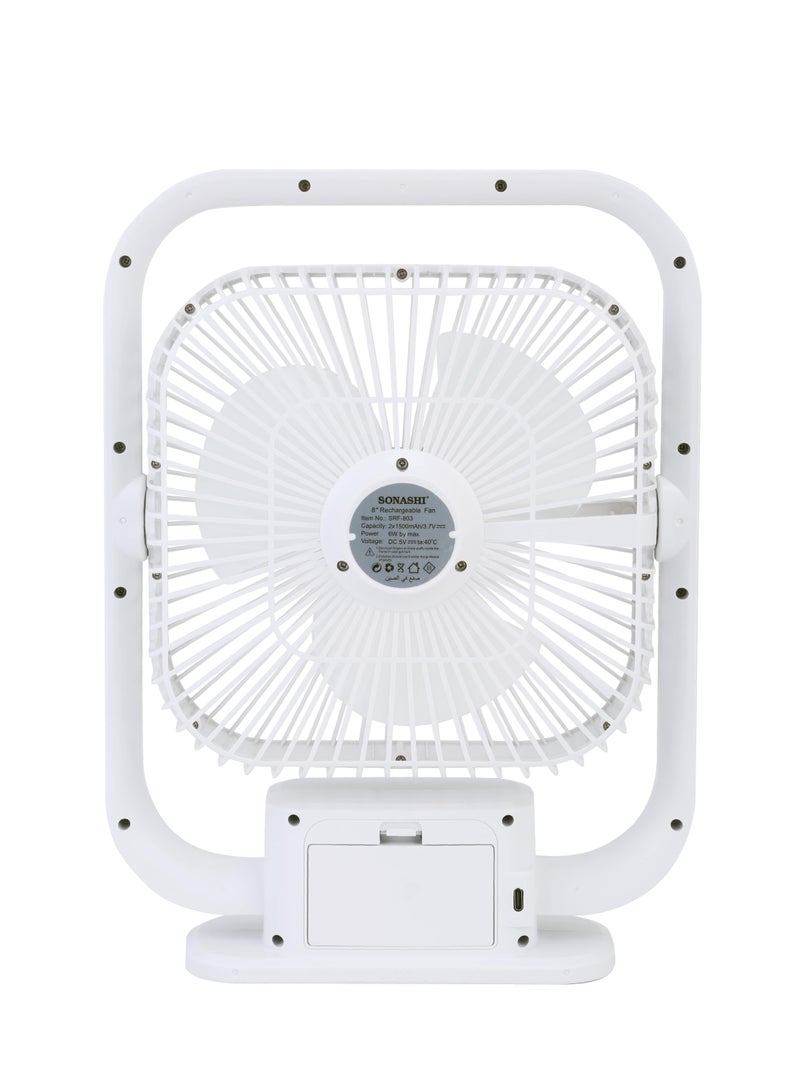 SONASHI 8 Inch Rechargeable Table Fan With Led Light - 3 Speeds High/Medium/Low | Continuous Working Of 2 Hours(High), 4.5 Hours(Mid) & 9 Hours(Low) | Strong Wind Function SRF-803 White  - Image 5