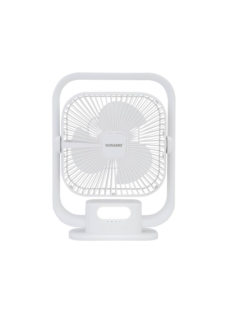 SONASHI 8 Inch Rechargeable Table Fan With Led Light - 3 Speeds High/Medium/Low | Continuous Working Of 2 Hours(High), 4.5 Hours(Mid) & 9 Hours(Low) | Strong Wind Function SRF-803 White  - Image 2