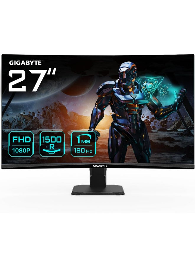 جيجابايت - شاشة ألعاب GS27FC مقاس 27 بوصة 180 هرتز 1080 بيكسل، شاشة عرض 1920 × 1080 فولت أمبير 1500 آر، وقت استجابة 1 مللي ثانية (MPRT)، جاهزية HDR، FreeSync Premium، 1x Display Port 1.4، 2X HDMI 2.0 أسود - Image 1