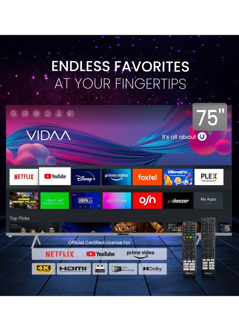 Nobel - 75 Inch Diamond 4K UHD VIDAA Smart TV iOS and Android Devices with VIDAA Voice & DTS TruBass™ Surround Sound Youtube Netflix Prime Video Bluetooth WiFi And Screen Sharing 2024 Model One Year Warranty UHD75VID Silver - Image 1