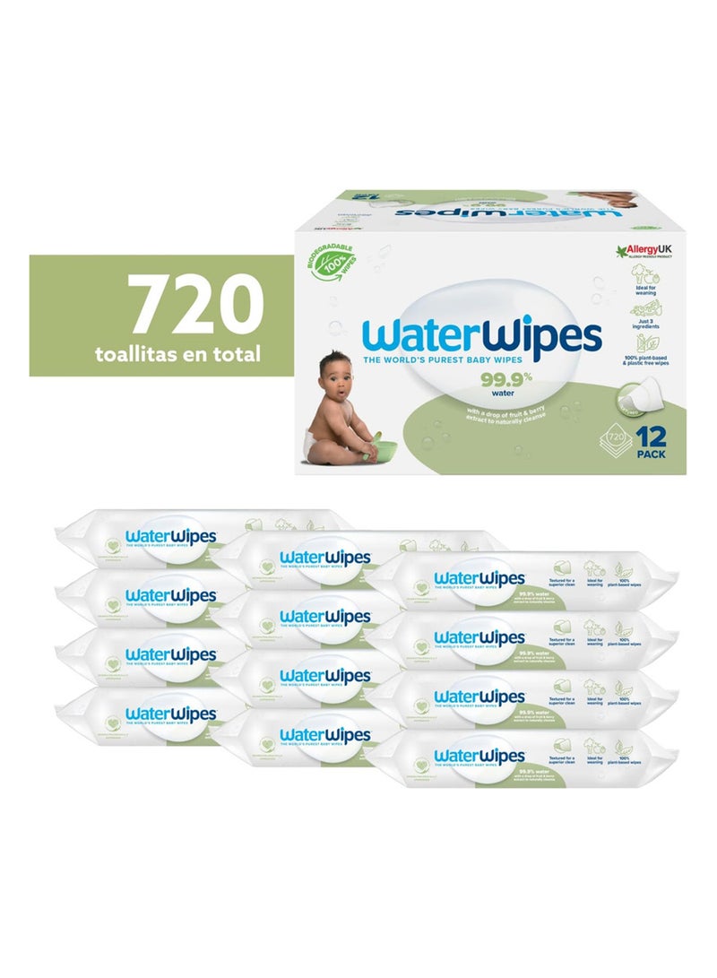 WaterWipes Pack Of 12 Plastic-Free Textured Clean, 99.9% Water Based  And Unscented- 720 Count  - Image 1