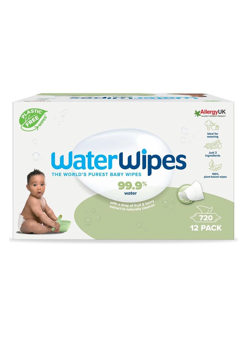 WaterWipes Pack Of 12 Plastic-Free Textured Clean, 99.9% Water Based  And Unscented- 720 Count  - Image 2