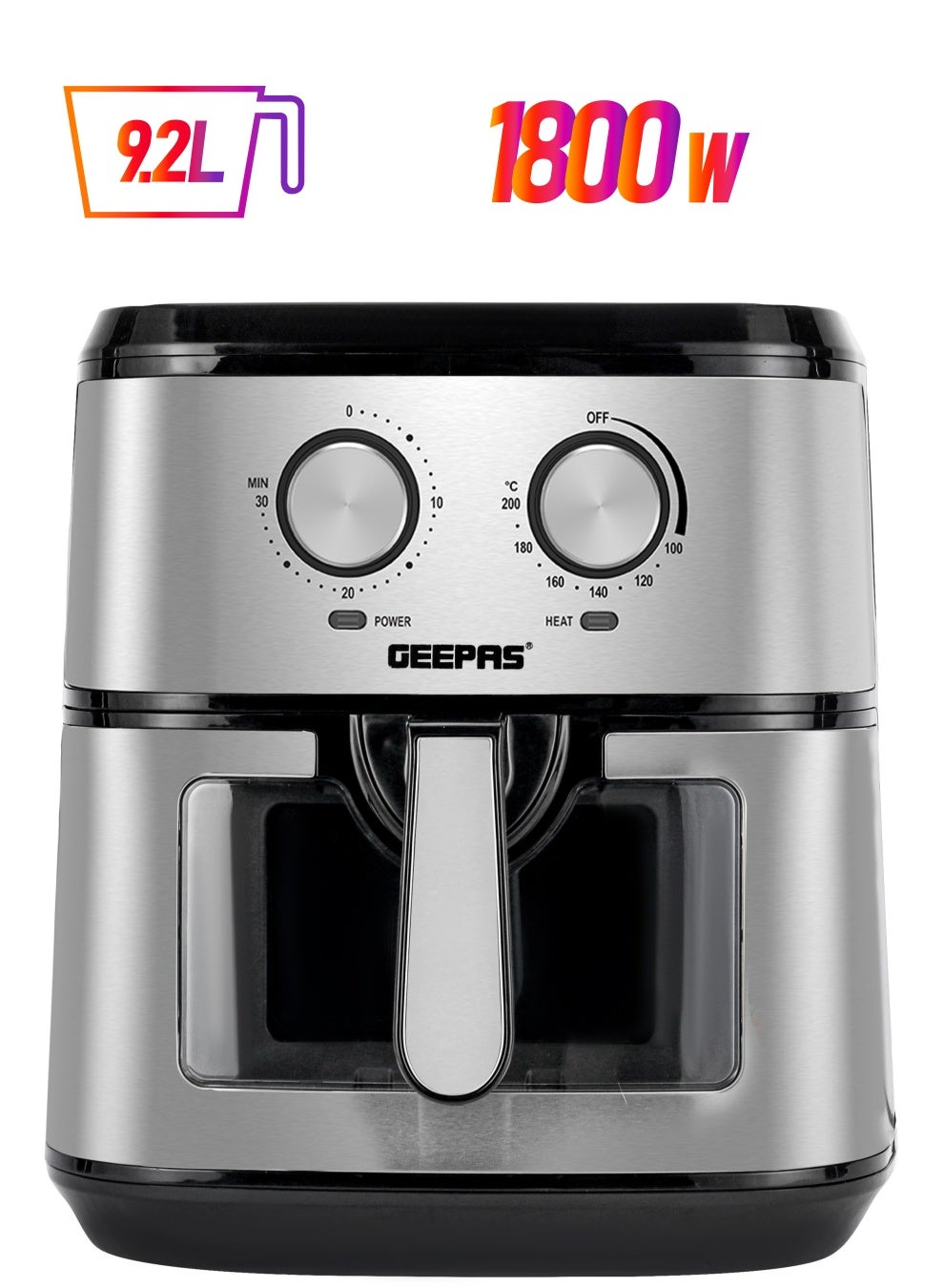 Air Fryer  9.2 L With 30 Min Timer| Pot With A Rack, Both With Non Stick Coating, Oil Free, Adjustable Time & Temperature, Vortex Air Frying Technology, Cooks 30% Faster 9.2 L 1800 W GAF37542 Silver/Black