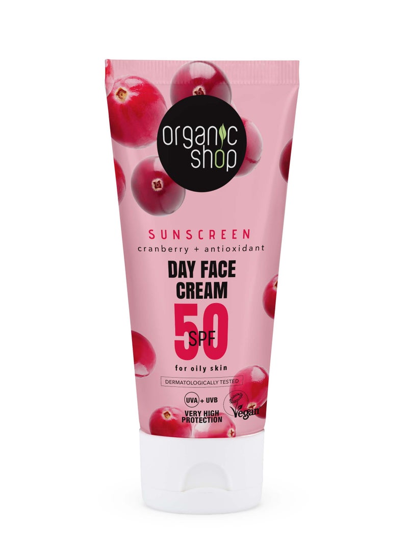 Organic Shop Cranberry Sun Sunscreen Day Face Cream 50 Spf Oily Skin 50ml