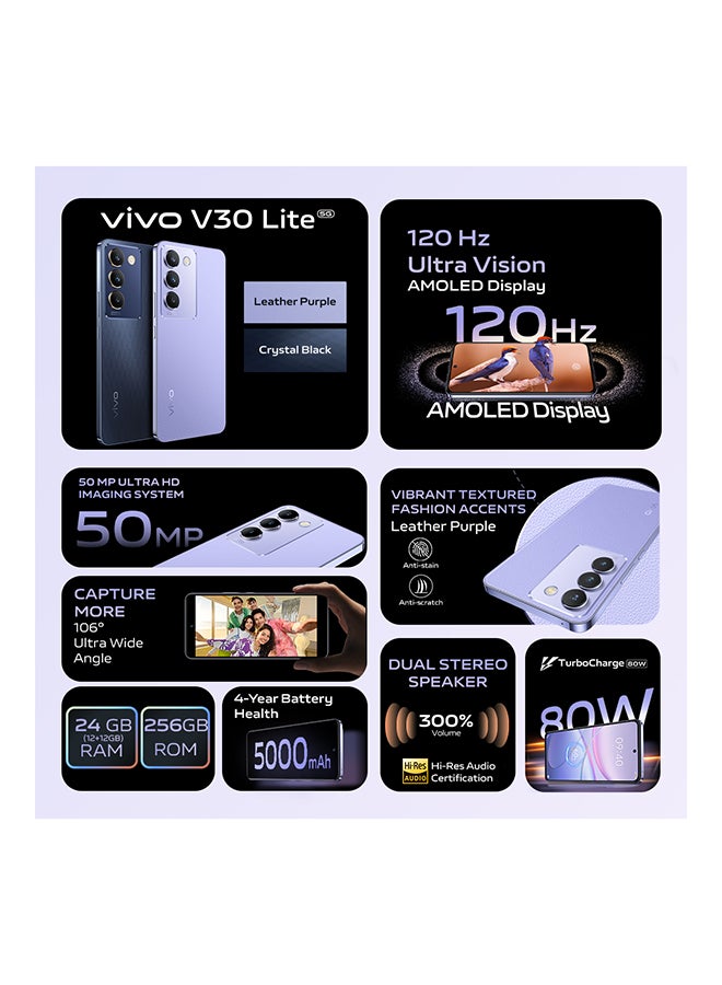 vivo - V30 Lite 5G Dual SIM Leather Purple 12GB RAM 256GB - With Exclusive Gifts Earbuds, Smart Fitness Band, 80W Charger And 24 Months Warranty + 1 Year Screen Replacement - Image 1