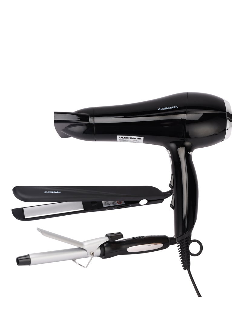 أولسنمارك مجموعة تصفيف الشعر الاحترافية 3 في 1 OMHC4096 - مجفف العناية الأساسية، مكواة فرد الشعر السيراميكية، مكواة تجعيد الشعر - Image 1