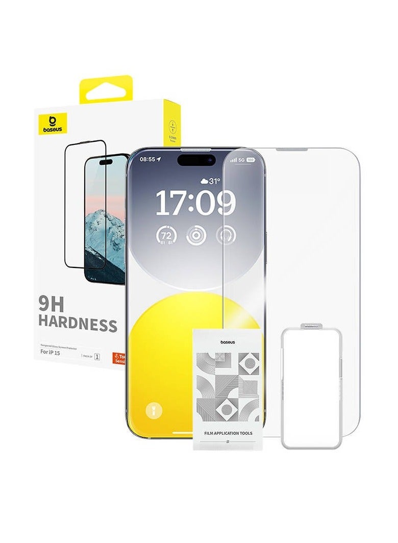 Baseus OS-Baseus Diamond Series Full-Coverage HD Tempered Glass Screen Protector for iP 15 Pro, Clear (Pack of 1, with cleaning kit and EasyStick installation tool)  - Image 1