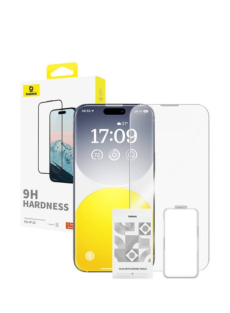 Baseus OS-Baseus Diamond Series Full-Coverage HD Tempered Glass Screen Protector for iP 15, Clear (Pack of 1, with cleaning kit and EasyStick installation tool) Clear  - Image 1