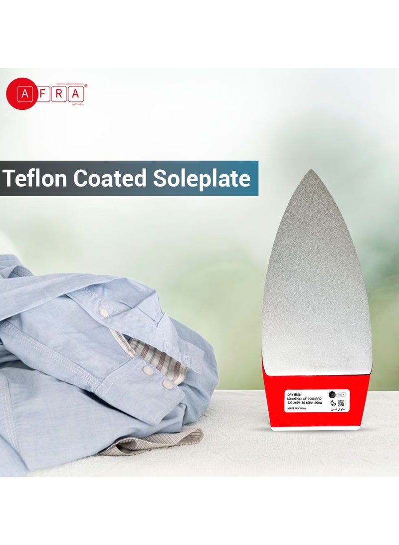 عفرا مكواة جافة AFRA اليابانية 1000 واط لوحة Soleplate غير لاصقة ضوء مؤشر حماية من السخونة الزائدة مقبض درجة حرارة كي سلس أبيض وأحمر معتمد من GMARK وESMA وROHS وCB - Image 2