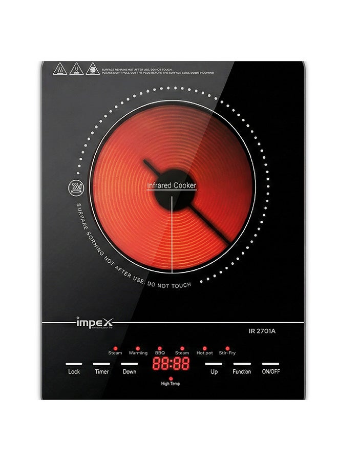إمبكس طباخ يعمل بالأشعة تحت الحمراء مع شاشة LED بـ 4 أرقام وزر تحكم بالضغط، و10 إعدادات لدرجة الحرارة و6 أوضاع للطهي، ومؤقت قابل للبرمجة لمدة 3 ساعات متوافق مع جميع أدوات الطهي IR 2701A باللون الأسود - Image 1