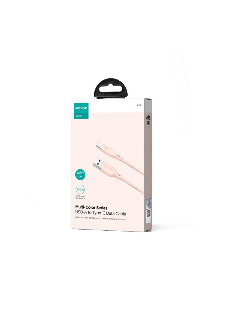 JOYROOM SA34-AC6 Multi-color Series 100W Fast Charging Data Cable (USB-A To Type-C ) 1M Pink