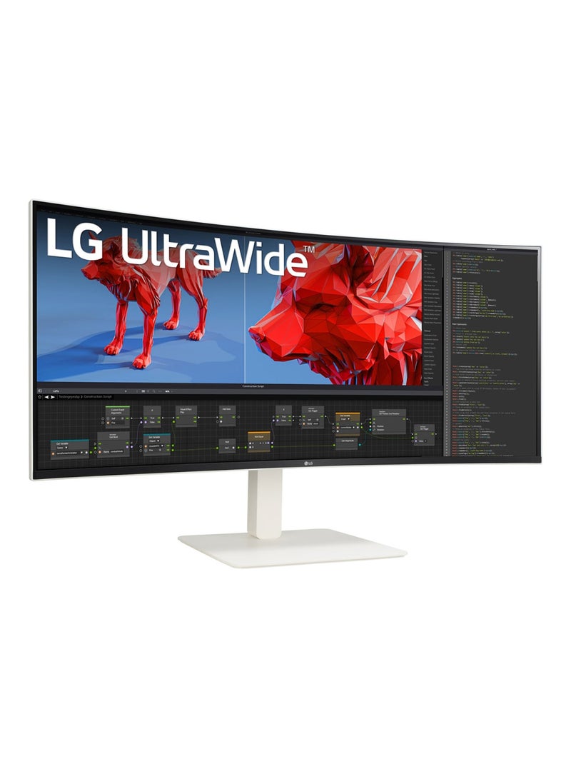 38 Inch UltraWide QHD+ Curved Monitor, 144hz 1ms Nano IPS, Borderless, height and stand Adjustable, Ambient Light Sensor, Adaptive Sync, NVIDIA G-SYNC Compatible, AMD FreeSync, Build-in speaker (MaxxAudio)SW-OnScreen Control (Screen Split, My Display Presets, PIP), USB 3.0, 4 x USB 3.0 downstream, 2 x USB Type-C, LAN, 2 x HDMI, DisplayPort pictogram White