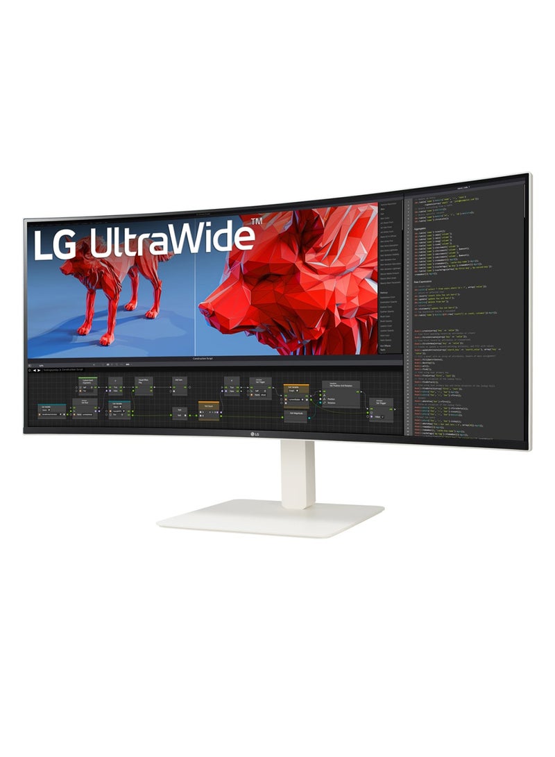 38 Inch UltraWide QHD+ Curved Monitor, 144hz 1ms Nano IPS, Borderless, height and stand Adjustable, Ambient Light Sensor, Adaptive Sync, NVIDIA G-SYNC Compatible, AMD FreeSync, Build-in speaker (MaxxAudio)SW-OnScreen Control (Screen Split, My Display Presets, PIP), USB 3.0, 4 x USB 3.0 downstream, 2 x USB Type-C, LAN, 2 x HDMI, DisplayPort pictogram White