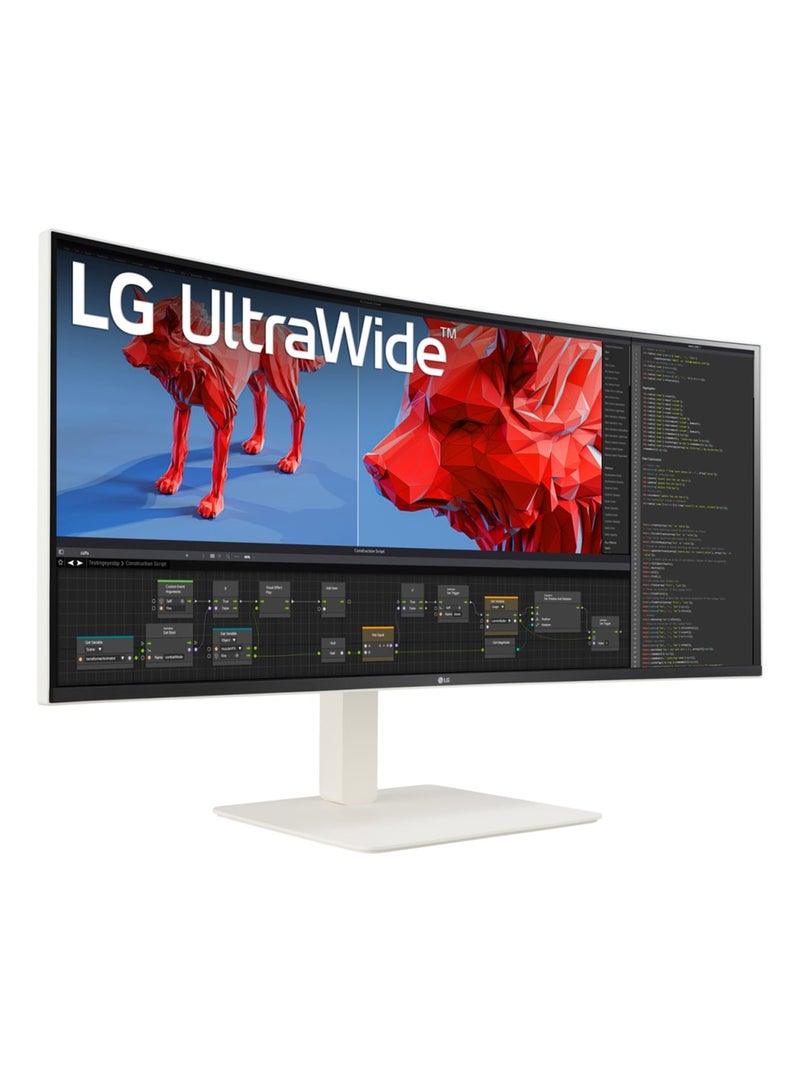 38 Inch UltraWide QHD+ Curved Monitor, 144hz 1ms Nano IPS, Borderless, height and stand Adjustable, Ambient Light Sensor, Adaptive Sync, NVIDIA G-SYNC Compatible, AMD FreeSync, Build-in speaker (MaxxAudio)SW-OnScreen Control (Screen Split, My Display Presets, PIP), USB 3.0, 4 x USB 3.0 downstream, 2 x USB Type-C, LAN, 2 x HDMI, DisplayPort pictogram White