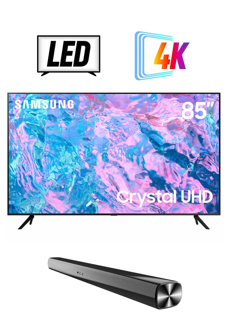 Samsung 85 Inch Crystal UHD 4K Smart TV 2023 UA85CU7000UXZN With JVC Soundbar 85CU7000+TH-N322B Black - Image 1
