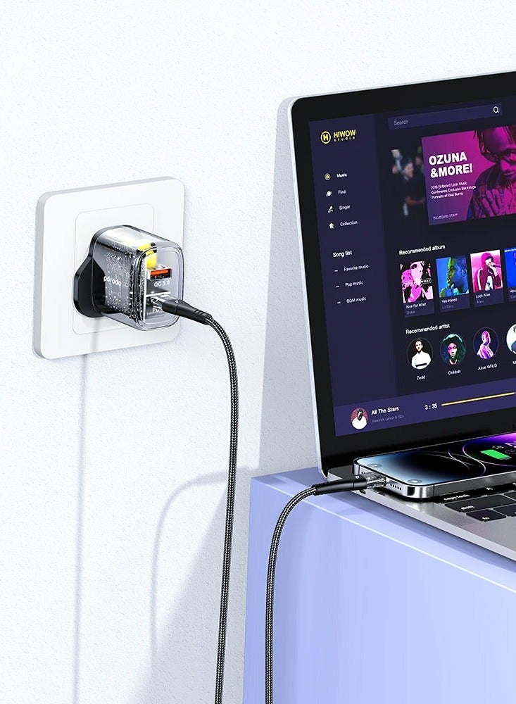 بورودو شاحن سريع شفاف بمخرجين USB-C PD وUSB-A QC مع كابل USB-C إلى Lightning بطول 1.2 متر - Image 2
