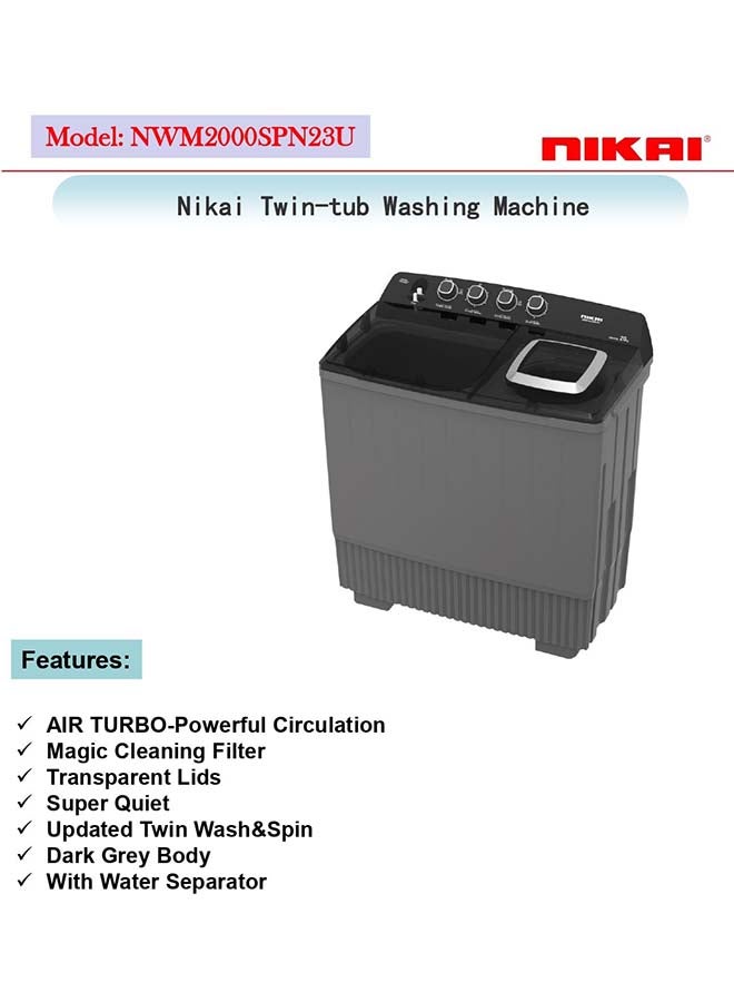 نيكاي 20Kg Semi-Automatic Twin-Tub Washing Machine, 20Kg Wash and 12Kg Spin Capacity with Magic Cleaning Filter, Air Turbo-Powerful Circulation - 20 kg 61 kW NWM2000SPN23U Black  - Image 1