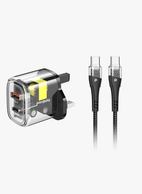 شاحن سريع شفاف بمخرجين USB-C PD وUSB-A QC مع كابل USB-C إلى USB-C بطول 1.2 متر