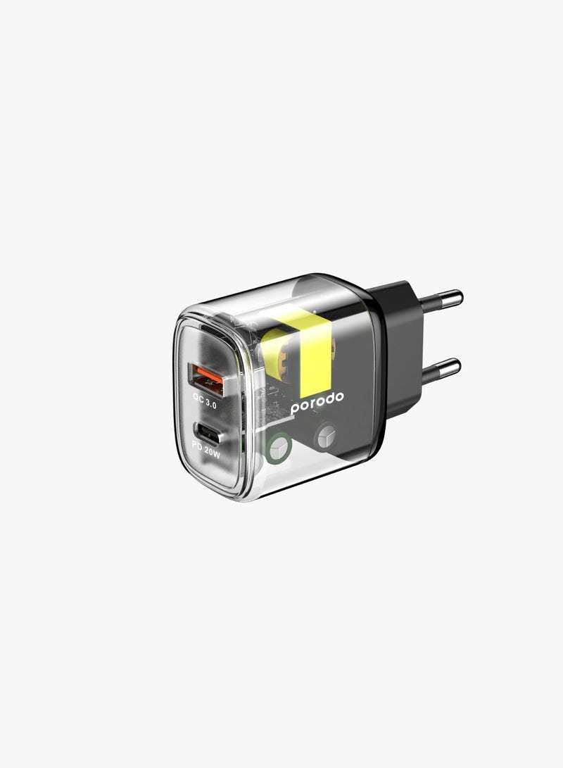 Dual Output Transparent Quick Charger USB-C PD And USB-A Clear/EU