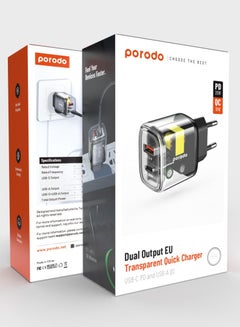 porodo Dual Output Transparent Quick Charger USB-C PD And USB-A Clear/EU  - Image 2