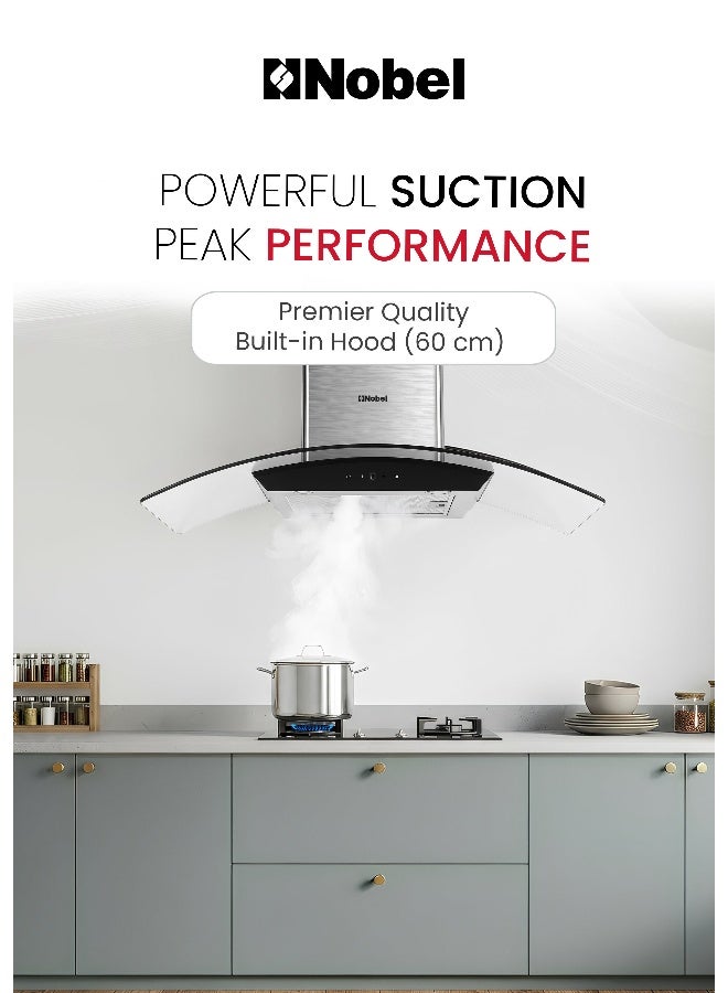 نوبل 60 سم شفاطات مدمجة مع مفتاح تحكم باللمس وشاشة رقمية مع 3 سرعات، هيكل محرك معدني ومروحة معدنية، 750م3/ساعة 2x500 430SS مداخن - Image 2