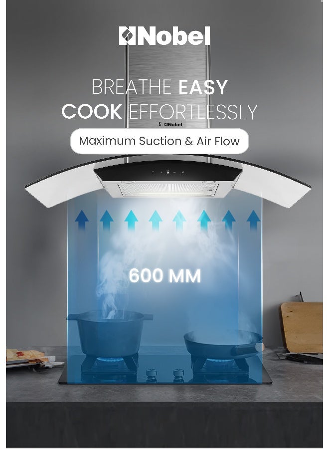 نوبل 60 سم شفاطات مدمجة مع مفتاح تحكم باللمس وشاشة رقمية مع 3 سرعات، هيكل محرك معدني ومروحة معدنية، 750م3/ساعة 2x500 430SS مداخن - Image 4