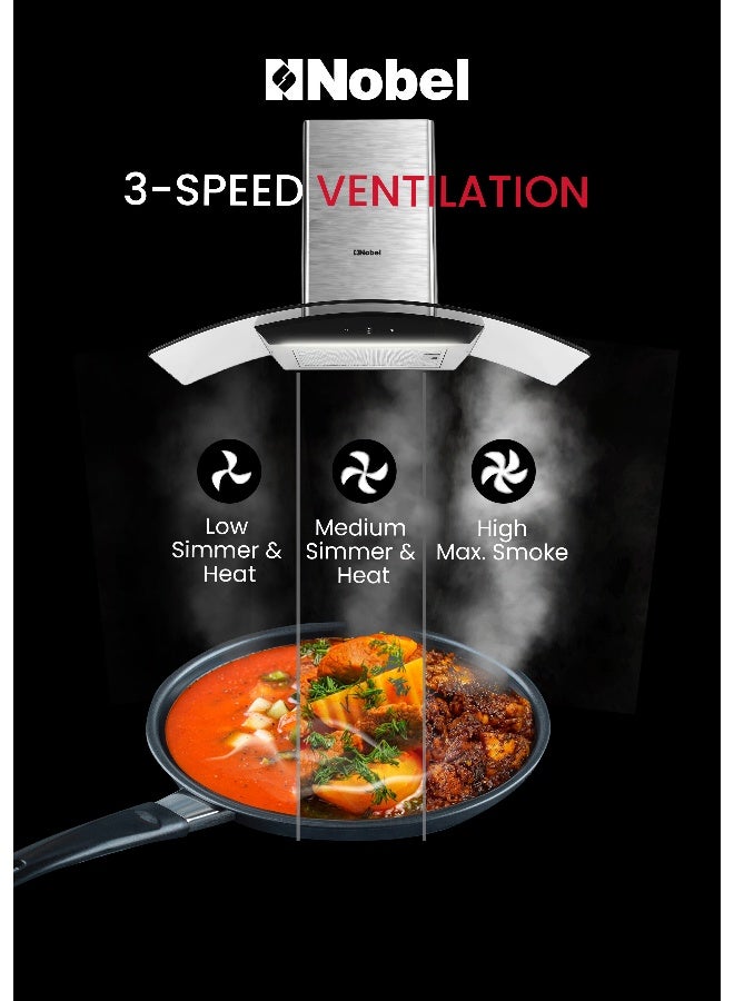 نوبل 60 سم شفاطات مدمجة مع مفتاح تحكم باللمس وشاشة رقمية مع 3 سرعات، هيكل محرك معدني ومروحة معدنية، 750م3/ساعة 2x500 430SS مداخن - Image 5