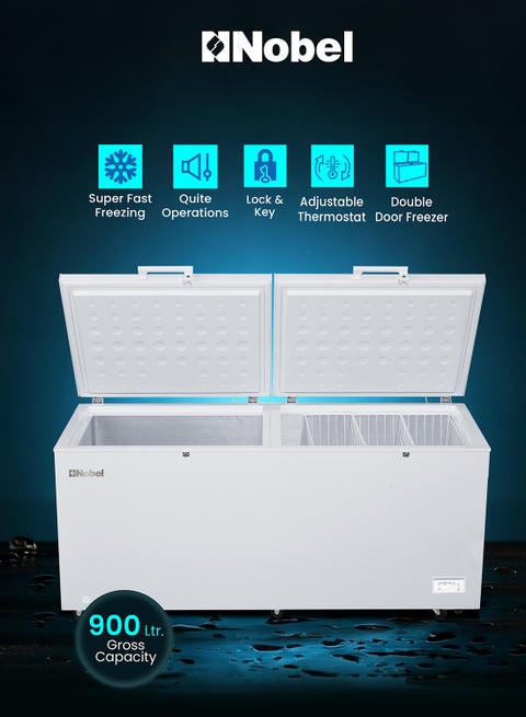 900 Litres Double Door Chest Freezer, Fast Freezing, Lock & Key, Refrigerant, LED Light, Easy Mobility, Durable Condenser, Adjustable Thermostat with 1 Year Warranty 900 L 1000 W NCF900 White