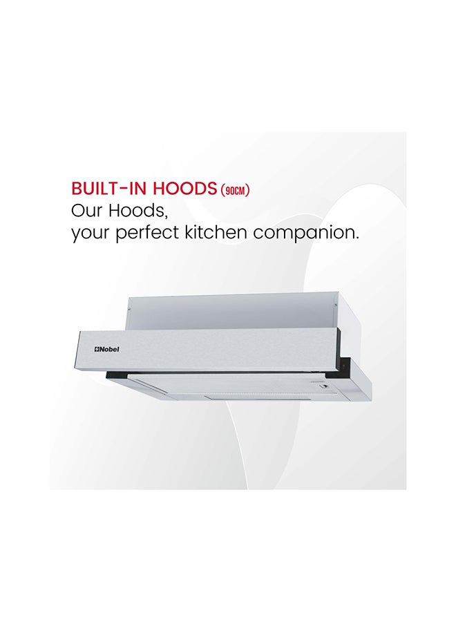 Nobel 90Cm Built-In Hood, 2 Speed Rocker Switch, Aluminum Filter, Slider Hood, Halogen Lamp, BS Plug Nobel NCHP90ST Silver  - Image 1