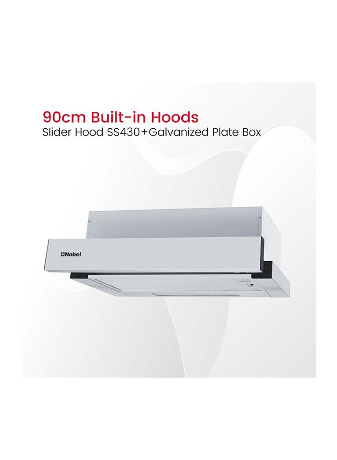 Nobel 90Cm Built-In Hood, 2 Speed Rocker Switch, Aluminum Filter, Slider Hood, Halogen Lamp, BS Plug Nobel NCHP90ST Silver  - Image 4