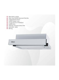 Nobel 90Cm Built-In Hood, 2 Speed Rocker Switch, Aluminum Filter, Slider Hood, Halogen Lamp, BS Plug Nobel NCHP90ST Silver  - Image 3