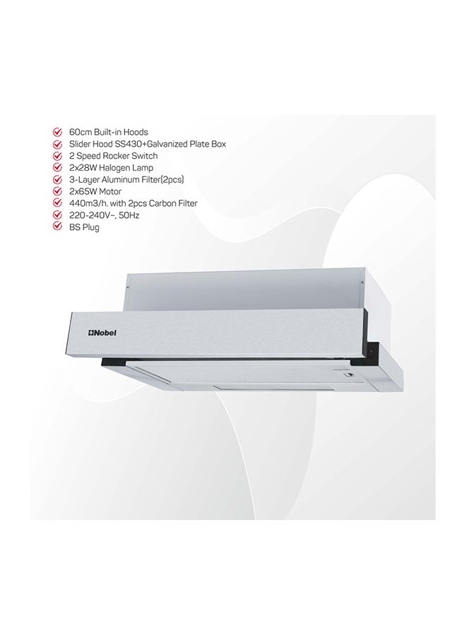 Nobel 90Cm Built-In Hood, 2 Speed Rocker Switch, Aluminum Filter, Slider Hood, Halogen Lamp, BS Plug Nobel NCHP90ST Silver  - Image 3