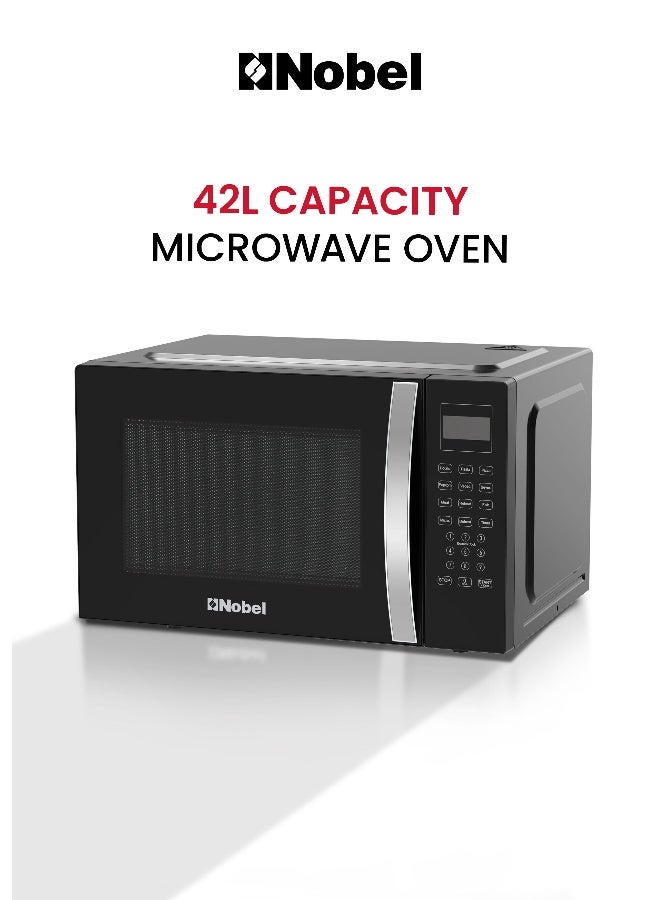 Nobel 42 Liters Capacity Microwave Oven, Membrane Control, Defrost Setting, 8 Auto Menu Cooking, 10 Power Levels, Silver Handle Door Opening with 1 Year Warranty 42 L 1500 W NMO55D Black - Image 1