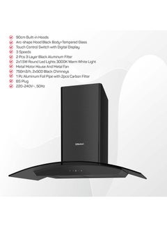 Nobel 90cm Built-in Hoods with 3 Speeds Touch Control Switch with Digital Display with Metal Motor House And Metal Fan Nobel NCH8931 Black  - Image 4