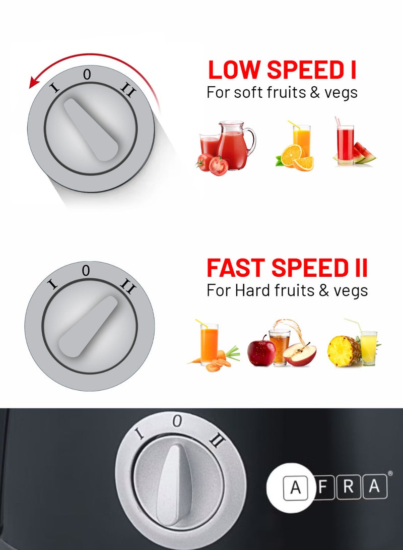AFRA - Juice Extractor with 2 Speeds -65mm Wide Feed Tube, Stainless Steel Filter | 1.2L Large Pulp Container with 450ml juice cup & Transparent Lid & Mesh Strainer | 2-Year Warranty 1.5 L 400 W AF-400JCBK Black - Image 1