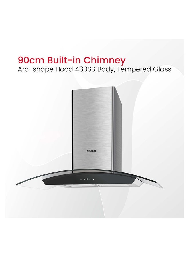 Nobel - 90Cm Built-In Hoods With 3 Speeds, Touch Control, Digital Display, Aluminum Foil Pipe With Carbon Filter, Stainless Steel Baffle Filter Nobel NCH90CG Silver - Image 1