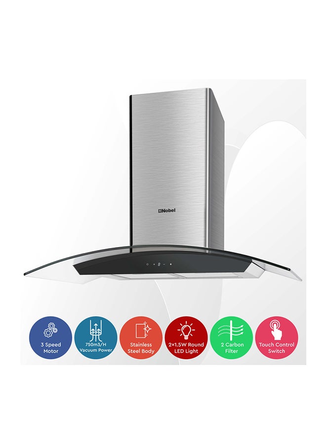 Nobel - 90Cm Built-In Hoods With 3 Speeds, Touch Control, Digital Display, Aluminum Foil Pipe With Carbon Filter, Stainless Steel Baffle Filter Nobel NCH90CG Silver - Image 1